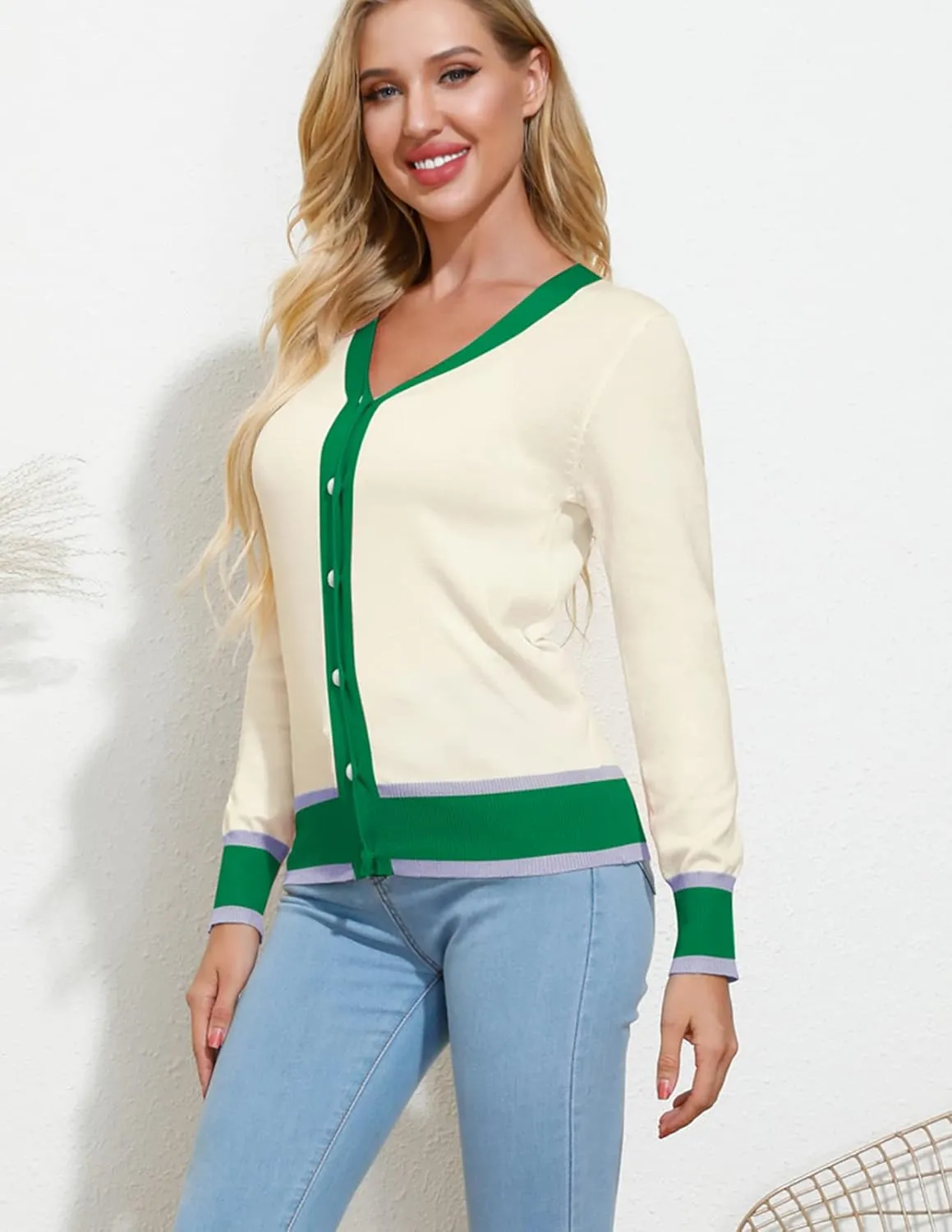 GRACE KARIN Womens Contrast Color Block Cardigan Sweaters Lightweight Long Sleeve Cropped Cardigan V-Neck Striped Shrugs