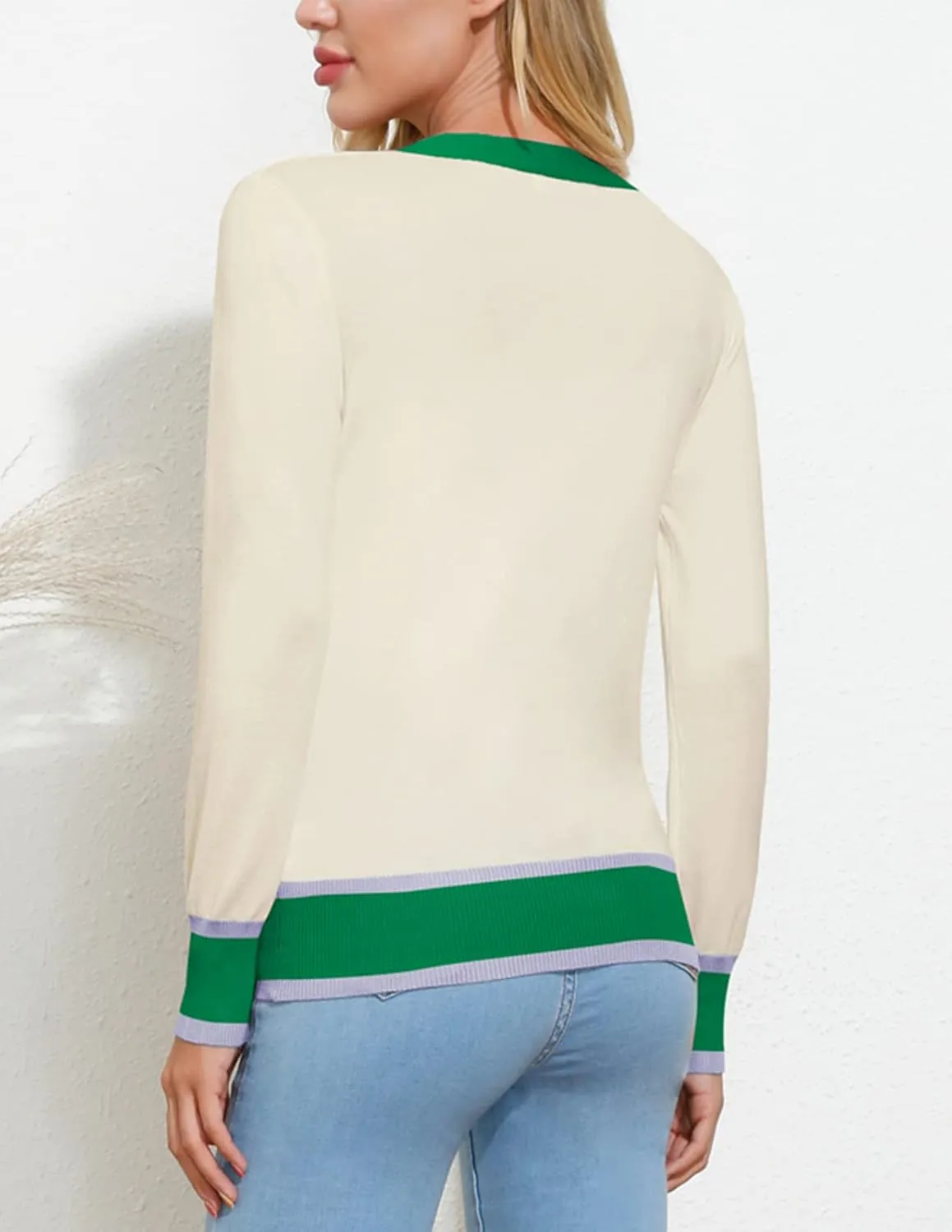 GRACE KARIN Womens Contrast Color Block Cardigan Sweaters Lightweight Long Sleeve Cropped Cardigan V-Neck Striped Shrugs