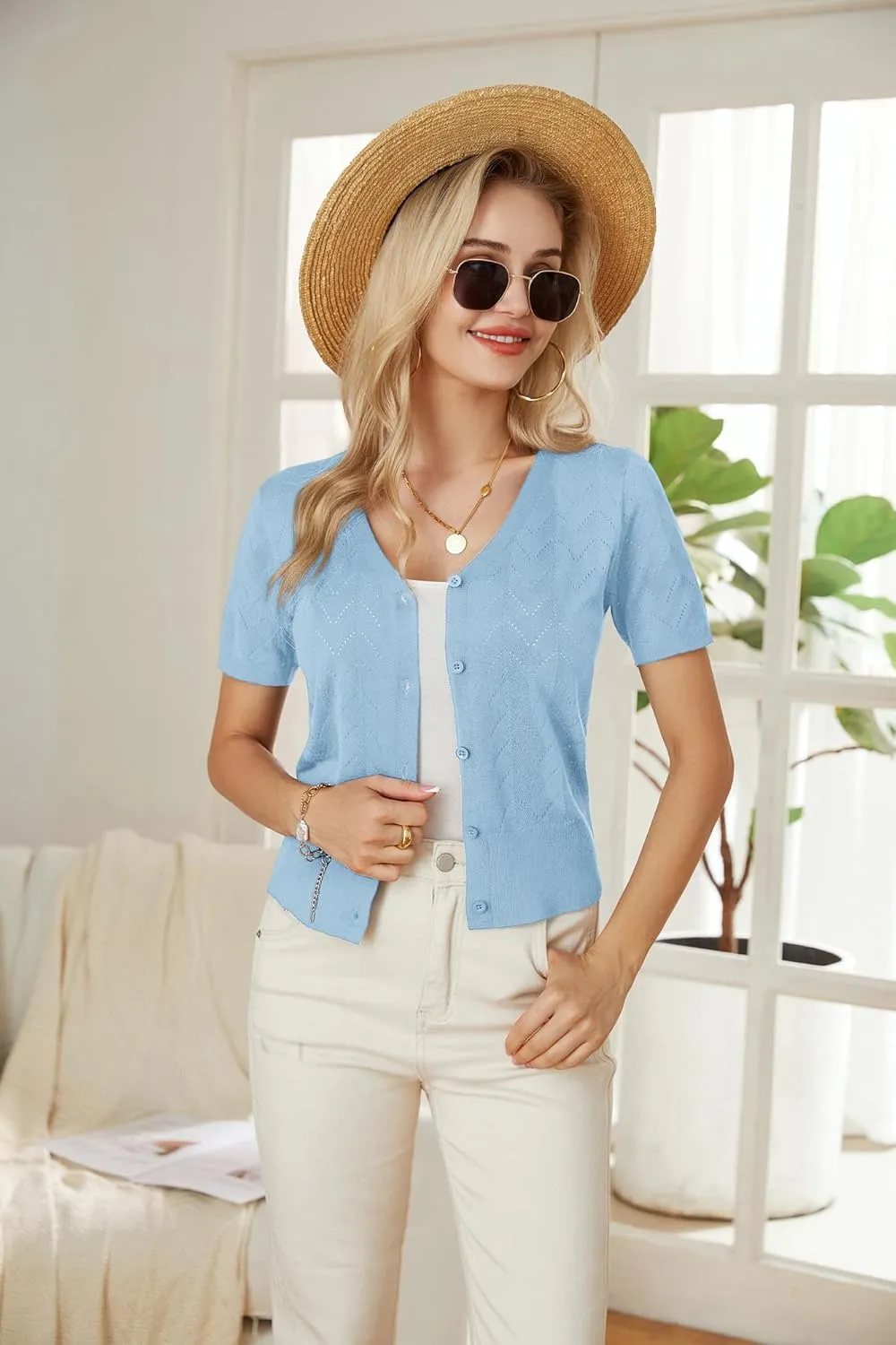 GRACE KARIN Womens Short Sleeve 2024 Cropped Cardigans Button Down Boleros Sweaters Lightweight Hollowed-Out Knit Shrugs