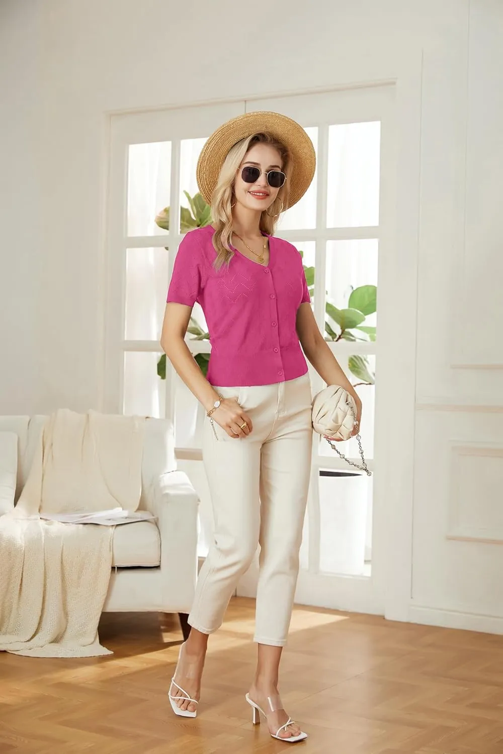 GRACE KARIN Womens Short Sleeve 2024 Cropped Cardigans Button Down Boleros Sweaters Lightweight Hollowed-Out Knit Shrugs
