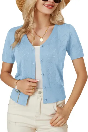 GRACE KARIN Womens Short Sleeve 2024 Cropped Cardigans Button Down Boleros Sweaters Lightweight Hollowed-Out Knit Shrugs