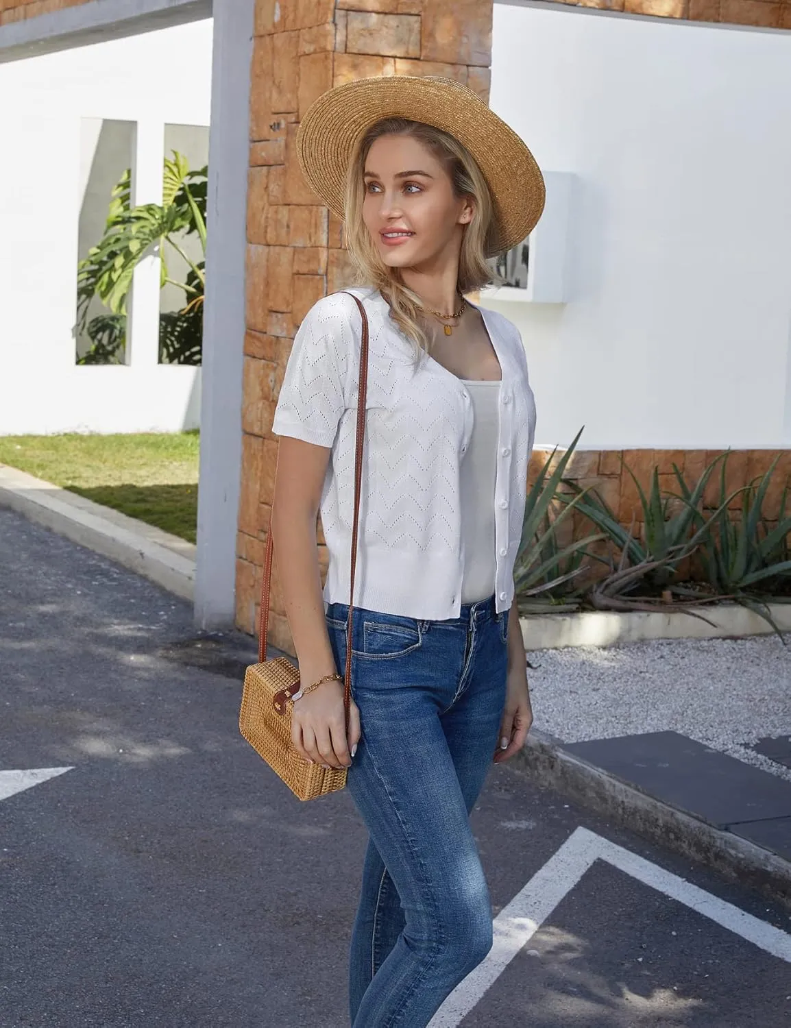 GRACE KARIN Womens Short Sleeve 2024 Cropped Cardigans Button Down Boleros Sweaters Lightweight Hollowed-Out Knit Shrugs