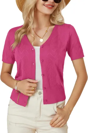 GRACE KARIN Womens Short Sleeve 2024 Cropped Cardigans Button Down Boleros Sweaters Lightweight Hollowed-Out Knit Shrugs
