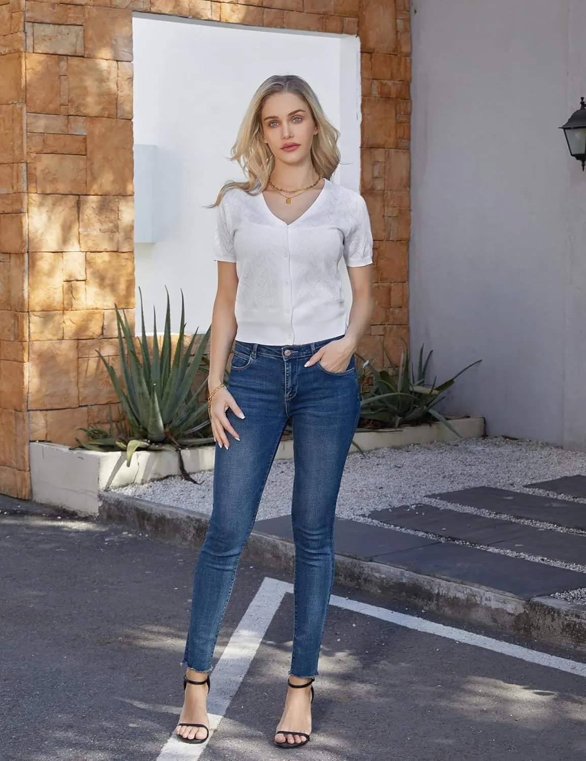 GRACE KARIN Womens Short Sleeve 2024 Cropped Cardigans Button Down Boleros Sweaters Lightweight Hollowed-Out Knit Shrugs