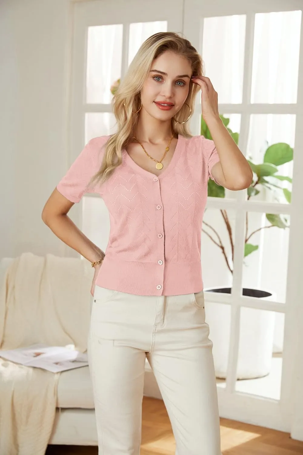GRACE KARIN Womens Short Sleeve 2024 Cropped Cardigans Button Down Boleros Sweaters Lightweight Hollowed-Out Knit Shrugs