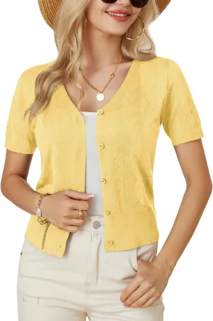 GRACE KARIN Womens Short Sleeve 2024 Cropped Cardigans Button Down Boleros Sweaters Lightweight Hollowed-Out Knit Shrugs