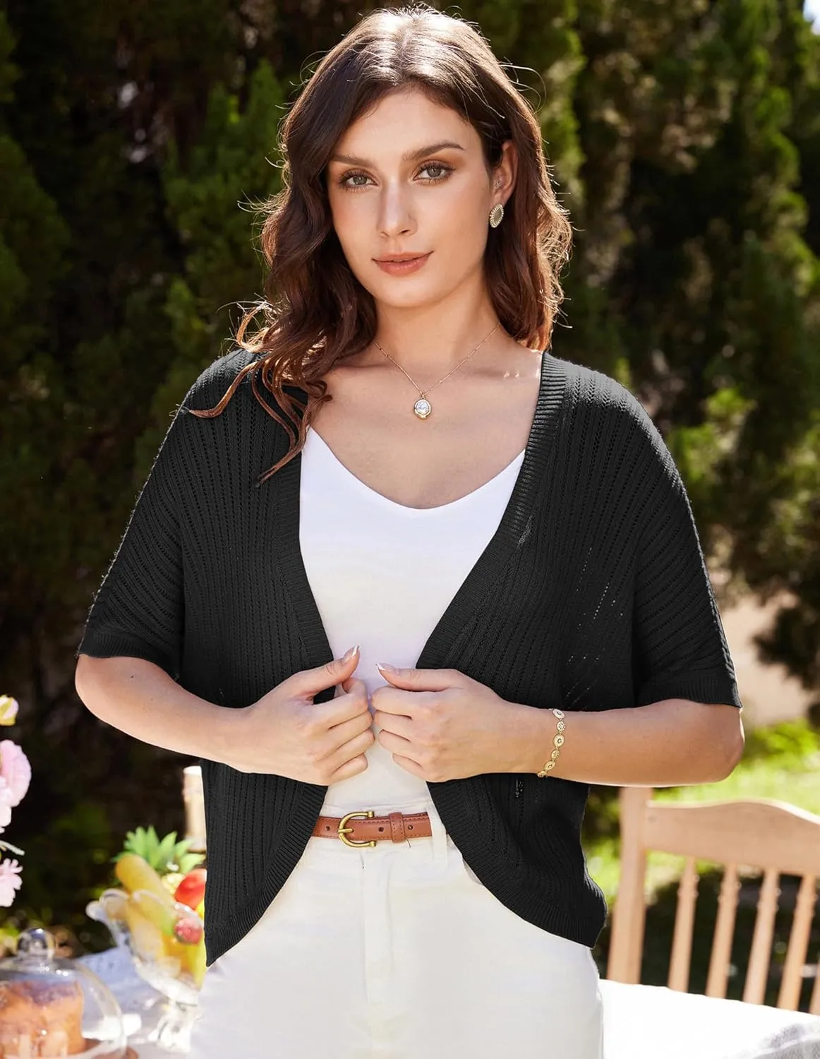 GRACE KARIN Women's Short Sleeve Shrug Sweaters Open Front Crochet Cardigan Lightweight Knit Bolero Jackets for Dresses