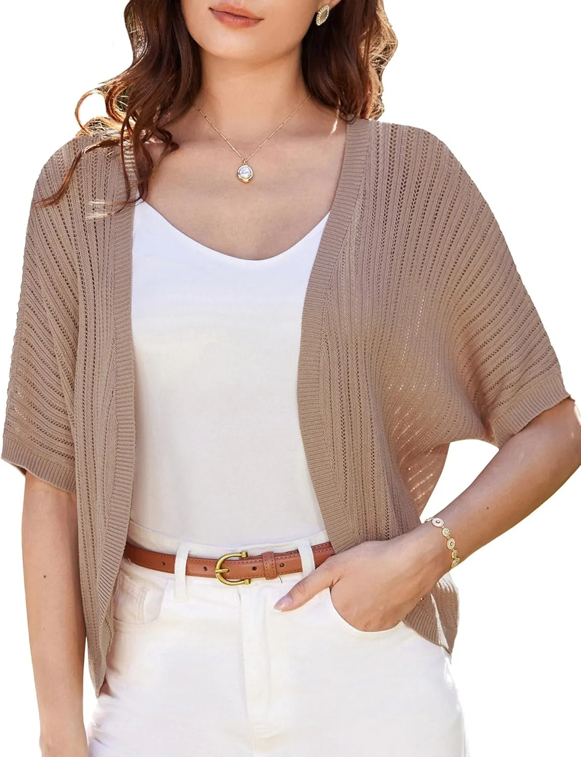 GRACE KARIN Women's Short Sleeve Shrug Sweaters Open Front Crochet Cardigan Lightweight Knit Bolero Jackets for Dresses