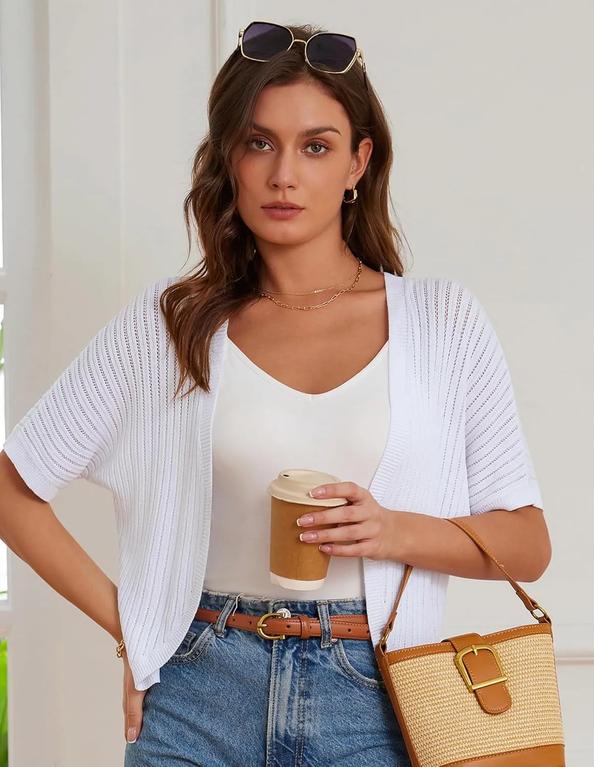 GRACE KARIN Women's Short Sleeve Shrug Sweaters Open Front Crochet Cardigan Lightweight Knit Bolero Jackets for Dresses