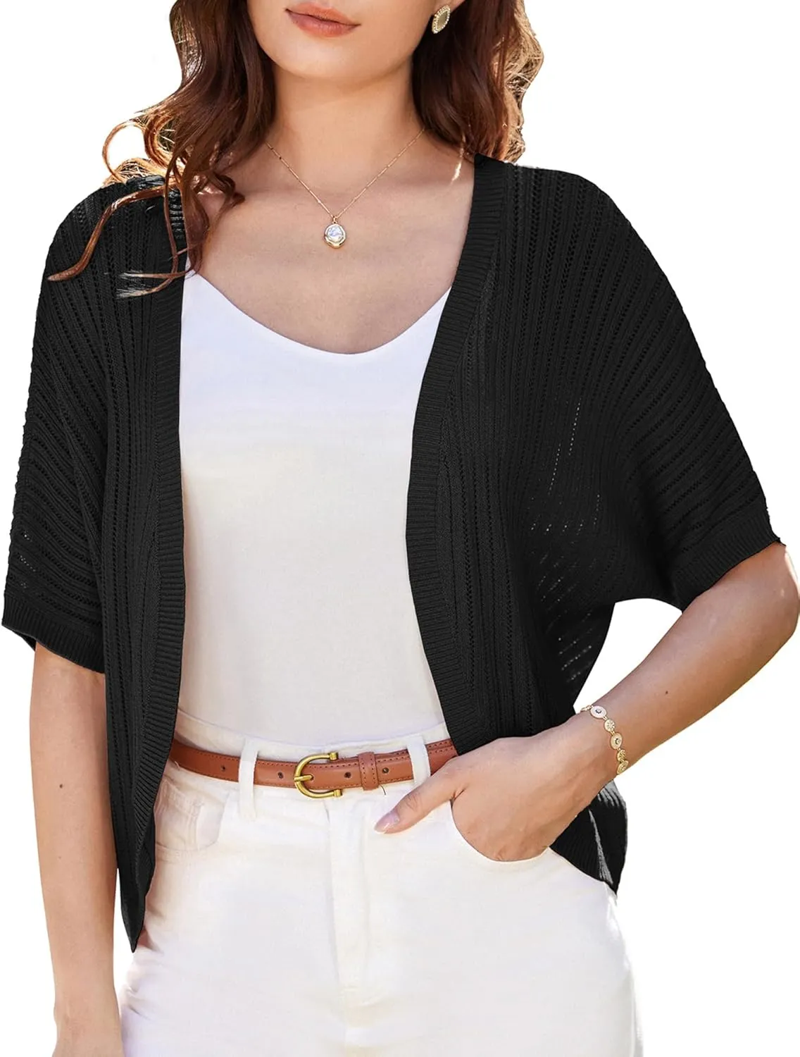 GRACE KARIN Women's Short Sleeve Shrug Sweaters Open Front Crochet Cardigan Lightweight Knit Bolero Jackets for Dresses