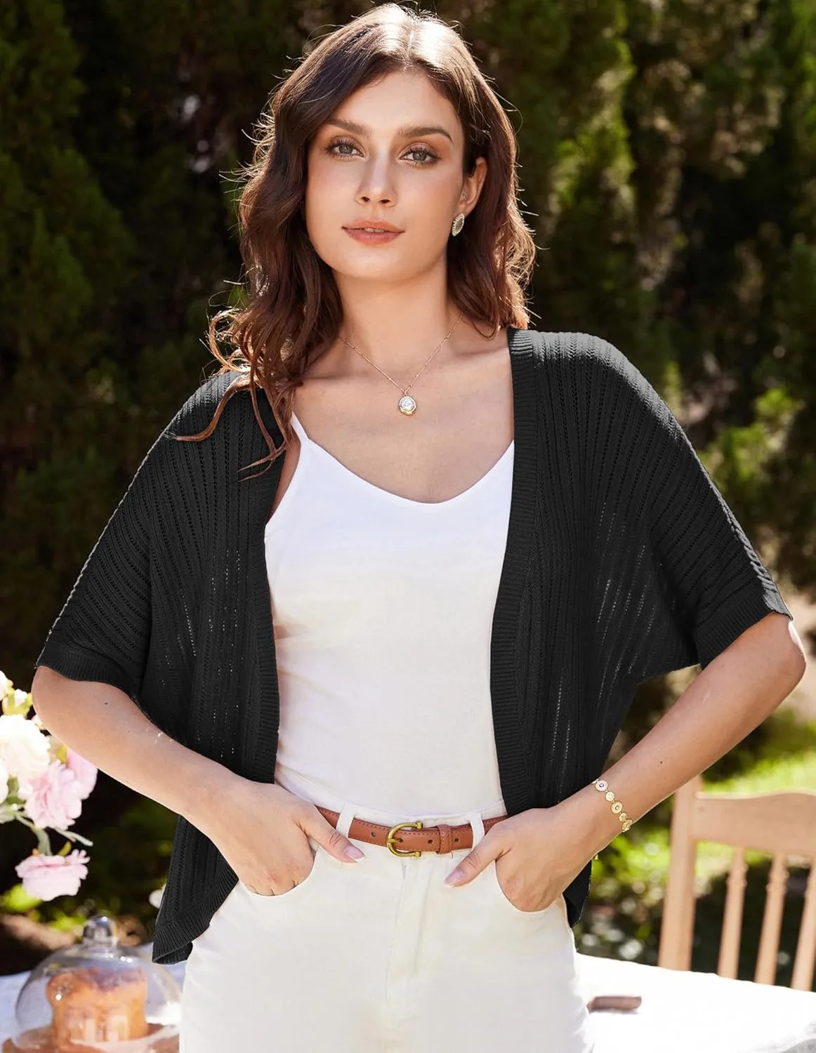 GRACE KARIN Women's Short Sleeve Shrug Sweaters Open Front Crochet Cardigan Lightweight Knit Bolero Jackets for Dresses