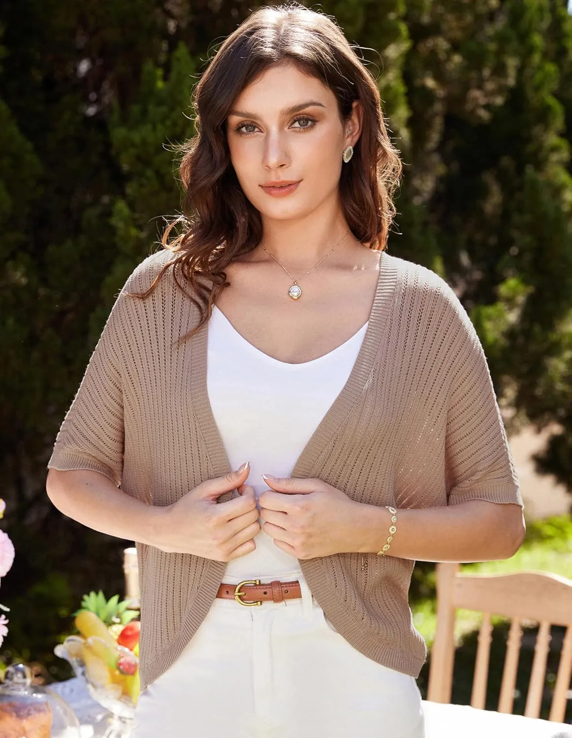 GRACE KARIN Women's Short Sleeve Shrug Sweaters Open Front Crochet Cardigan Lightweight Knit Bolero Jackets for Dresses