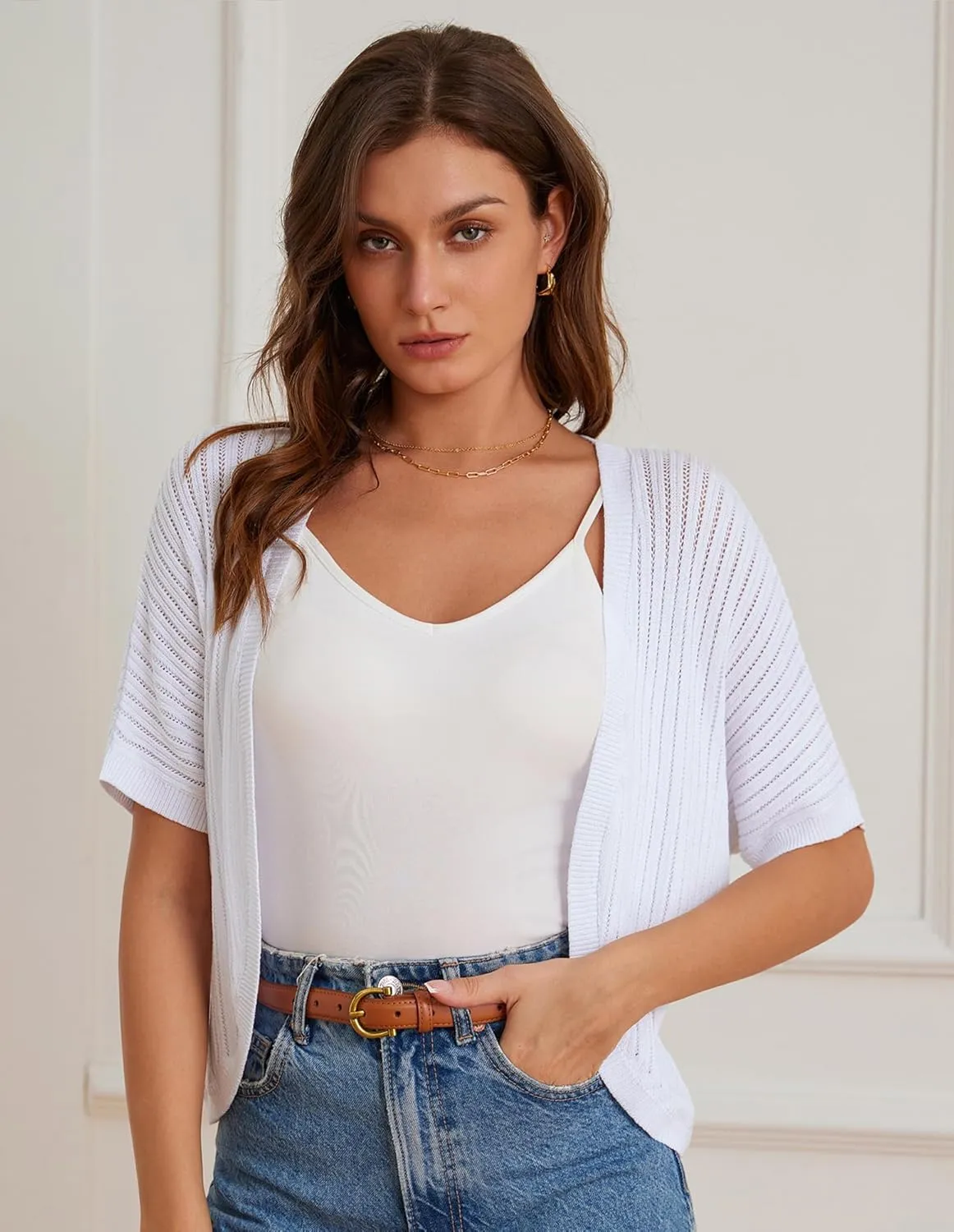 GRACE KARIN Women's Short Sleeve Shrug Sweaters Open Front Crochet Cardigan Lightweight Knit Bolero Jackets for Dresses