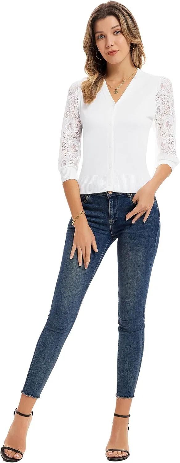 GRACE KARIN Women's Summer Cardigan Lightweight V Neck Lace 3/4 Sleeve Button Front Sweaters