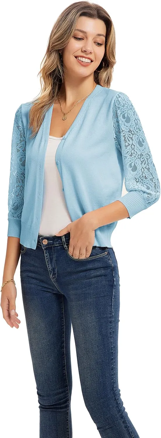 GRACE KARIN Women's Summer Cardigan Lightweight V Neck Lace 3/4 Sleeve Button Front Sweaters