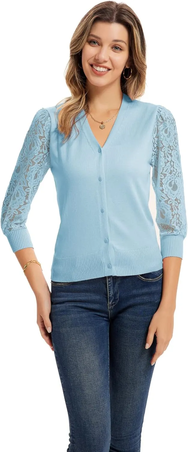 GRACE KARIN Women's Summer Cardigan Lightweight V Neck Lace 3/4 Sleeve Button Front Sweaters