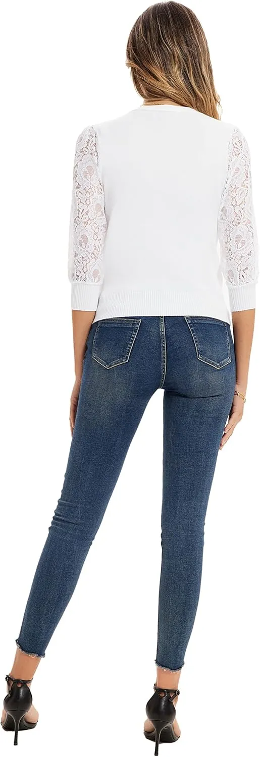 GRACE KARIN Women's Summer Cardigan Lightweight V Neck Lace 3/4 Sleeve Button Front Sweaters