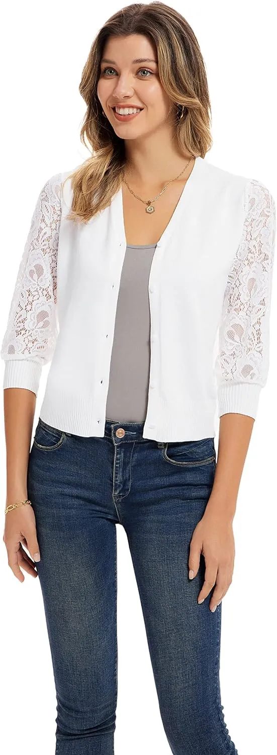 GRACE KARIN Women's Summer Cardigan Lightweight V Neck Lace 3/4 Sleeve Button Front Sweaters