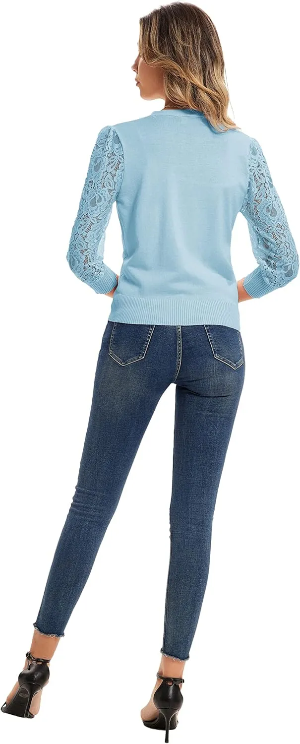 GRACE KARIN Women's Summer Cardigan Lightweight V Neck Lace 3/4 Sleeve Button Front Sweaters