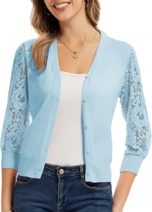 GRACE KARIN Women's Summer Cardigan Lightweight V Neck Lace 3/4 Sleeve Button Front Sweaters