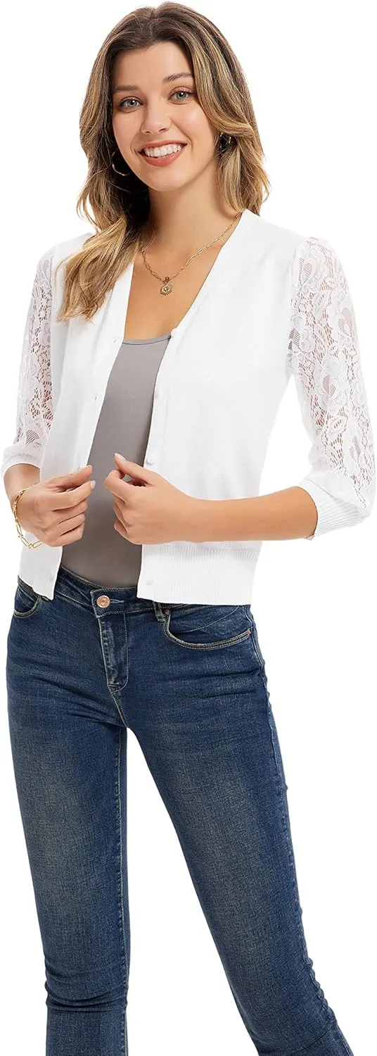 GRACE KARIN Women's Summer Cardigan Lightweight V Neck Lace 3/4 Sleeve Button Front Sweaters