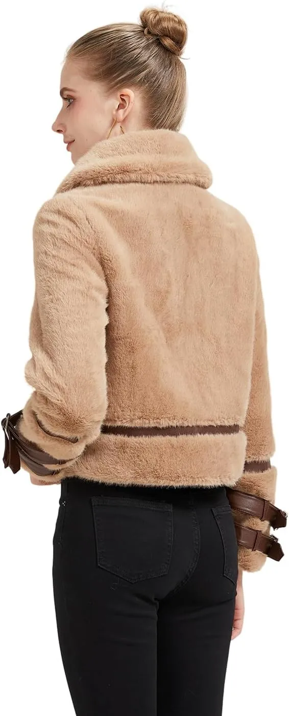 GRAN ORIENTE Womens Winter Faux Mink Fur Fleece Zip up Moto Jacket,Cropped Fuzzy Sherpa Coats Warm Leather Outerwear