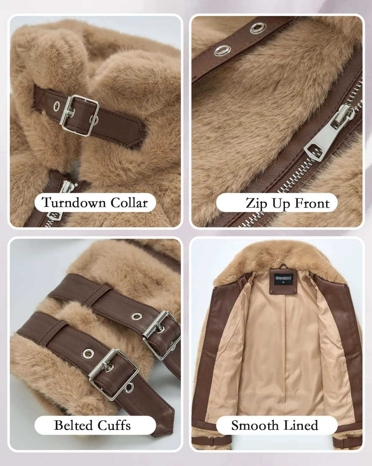 GRAN ORIENTE Womens Winter Faux Mink Fur Fleece Zip up Moto Jacket,Cropped Fuzzy Sherpa Coats Warm Leather Outerwear