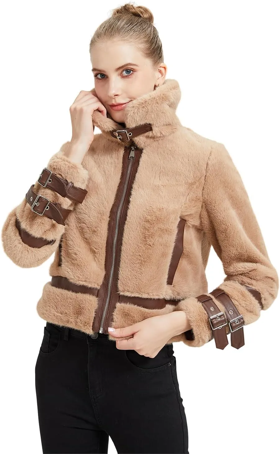 GRAN ORIENTE Womens Winter Faux Mink Fur Fleece Zip up Moto Jacket,Cropped Fuzzy Sherpa Coats Warm Leather Outerwear