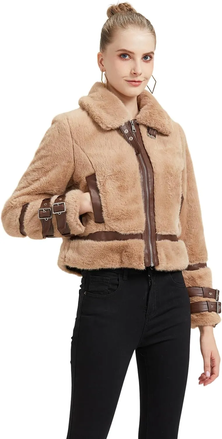 GRAN ORIENTE Womens Winter Faux Mink Fur Fleece Zip up Moto Jacket,Cropped Fuzzy Sherpa Coats Warm Leather Outerwear