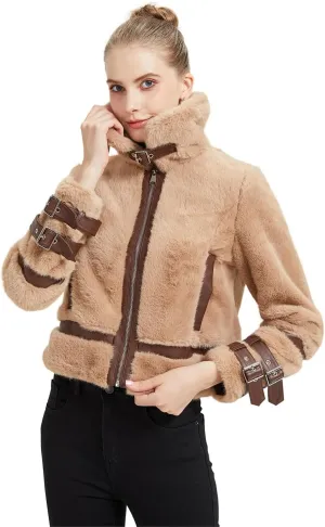 GRAN ORIENTE Womens Winter Faux Mink Fur Fleece Zip up Moto Jacket,Cropped Fuzzy Sherpa Coats Warm Leather Outerwear