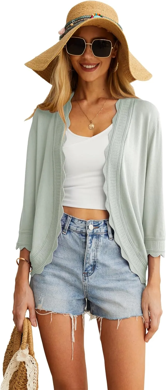 GRECERELLE Women's 3/4 Sleeve Summer Cardigan Lightweight Casual Open-Front Cropped Shrug Sweaters for Women