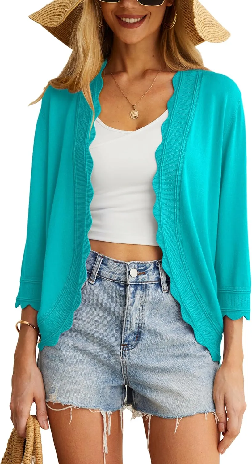 GRECERELLE Women's 3/4 Sleeve Summer Cardigan Lightweight Casual Open-Front Cropped Shrug Sweaters for Women