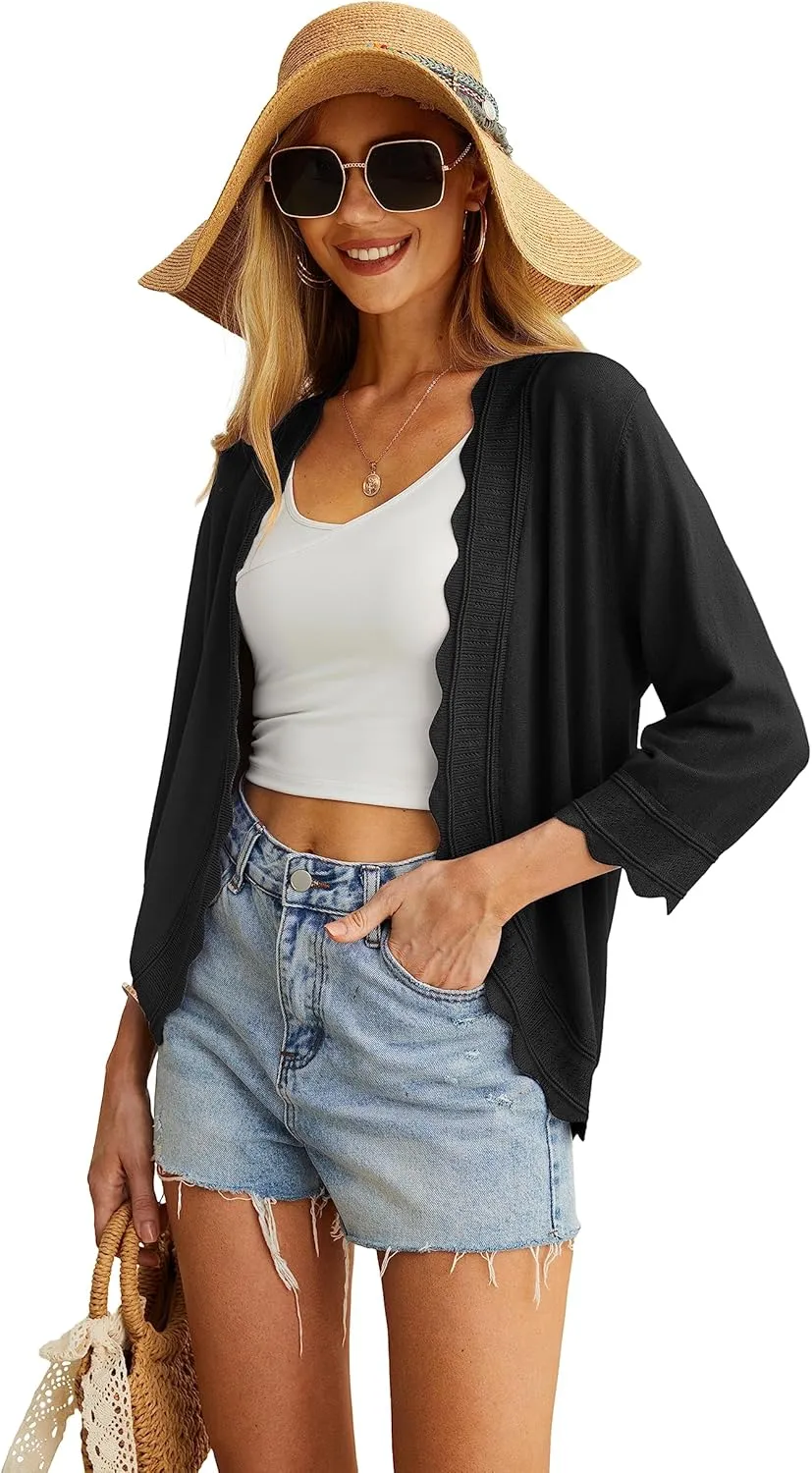 GRECERELLE Women's 3/4 Sleeve Summer Cardigan Lightweight Casual Open-Front Cropped Shrug Sweaters for Women