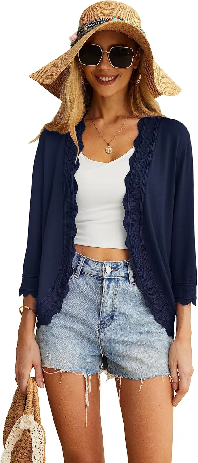 GRECERELLE Women's 3/4 Sleeve Summer Cardigan Lightweight Casual Open-Front Cropped Shrug Sweaters for Women