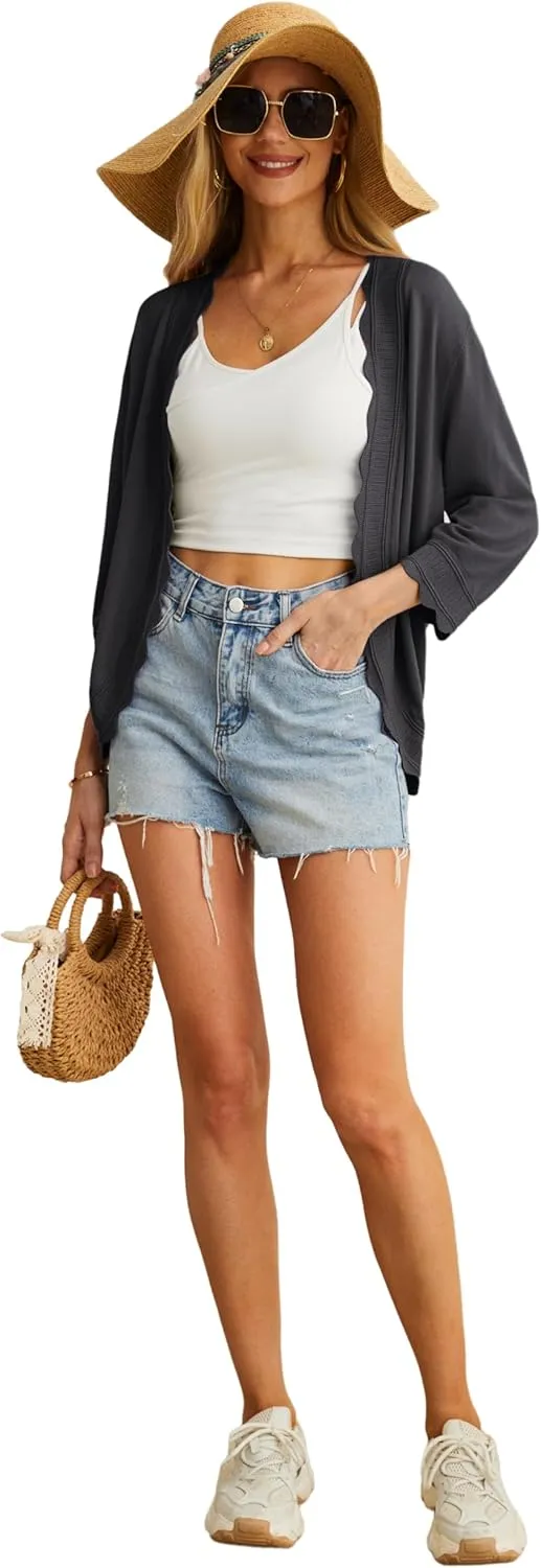 GRECERELLE Women's 3/4 Sleeve Summer Cardigan Lightweight Casual Open-Front Cropped Shrug Sweaters for Women