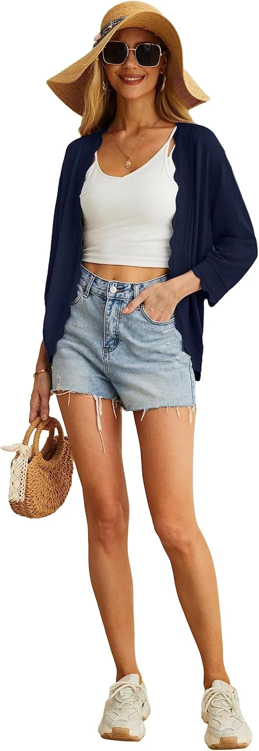 GRECERELLE Women's 3/4 Sleeve Summer Cardigan Lightweight Casual Open-Front Cropped Shrug Sweaters for Women