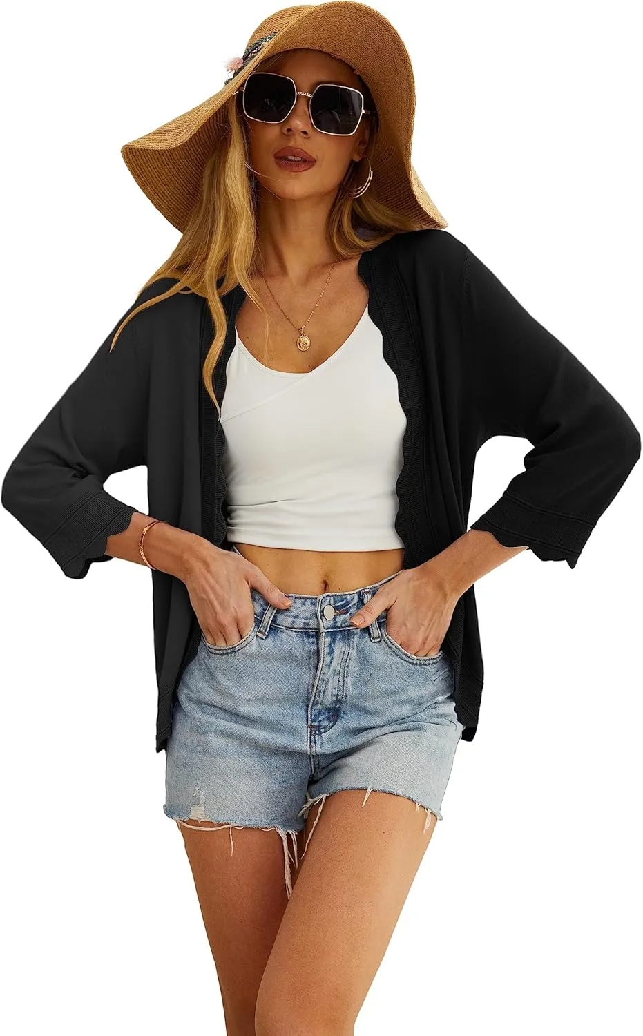 GRECERELLE Women's 3/4 Sleeve Summer Cardigan Lightweight Casual Open-Front Cropped Shrug Sweaters for Women
