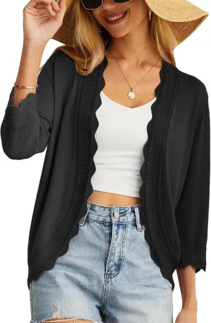 GRECERELLE Women's 3/4 Sleeve Summer Cardigan Lightweight Casual Open-Front Cropped Shrug Sweaters for Women