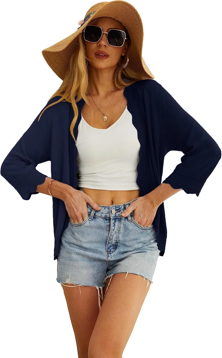 GRECERELLE Women's 3/4 Sleeve Summer Cardigan Lightweight Casual Open-Front Cropped Shrug Sweaters for Women