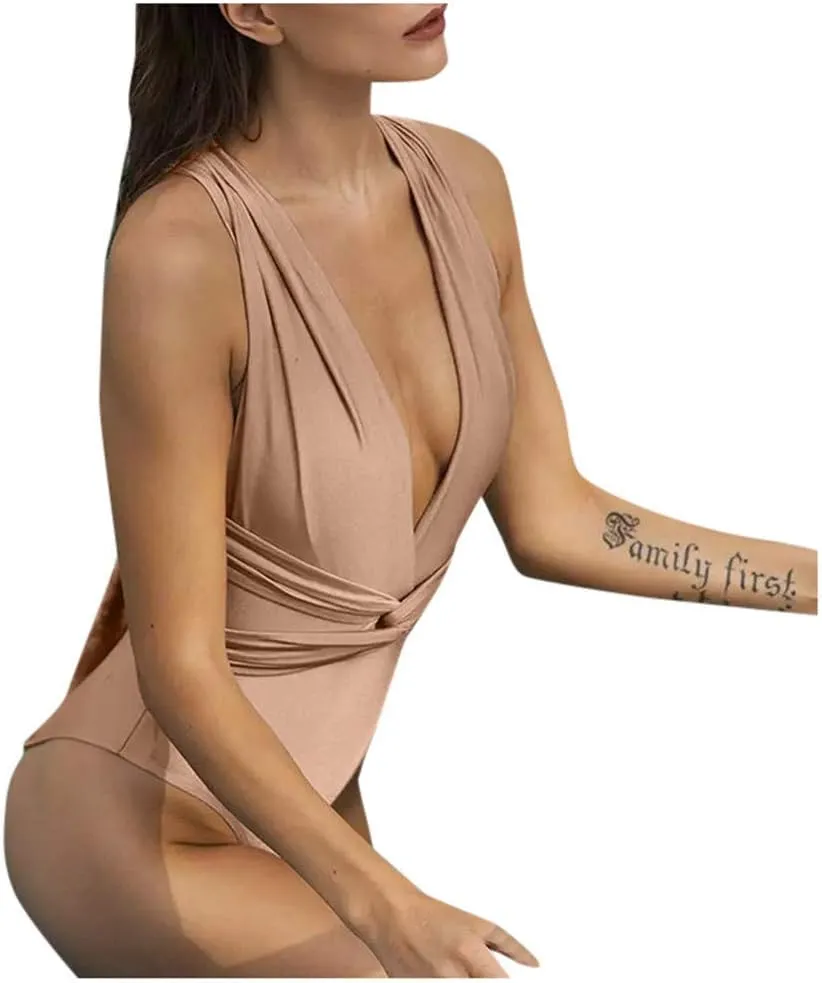 Halter One Piece Swimsuit Plunge Neckline Sexy Tie Side Strapy Swimwear