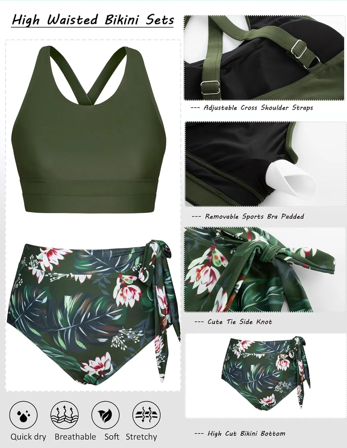 Hanna Nikole Women High Waisted Bikini Sets Two Piece Tummy Control Bikini Swimsuit with Tie Side Knot