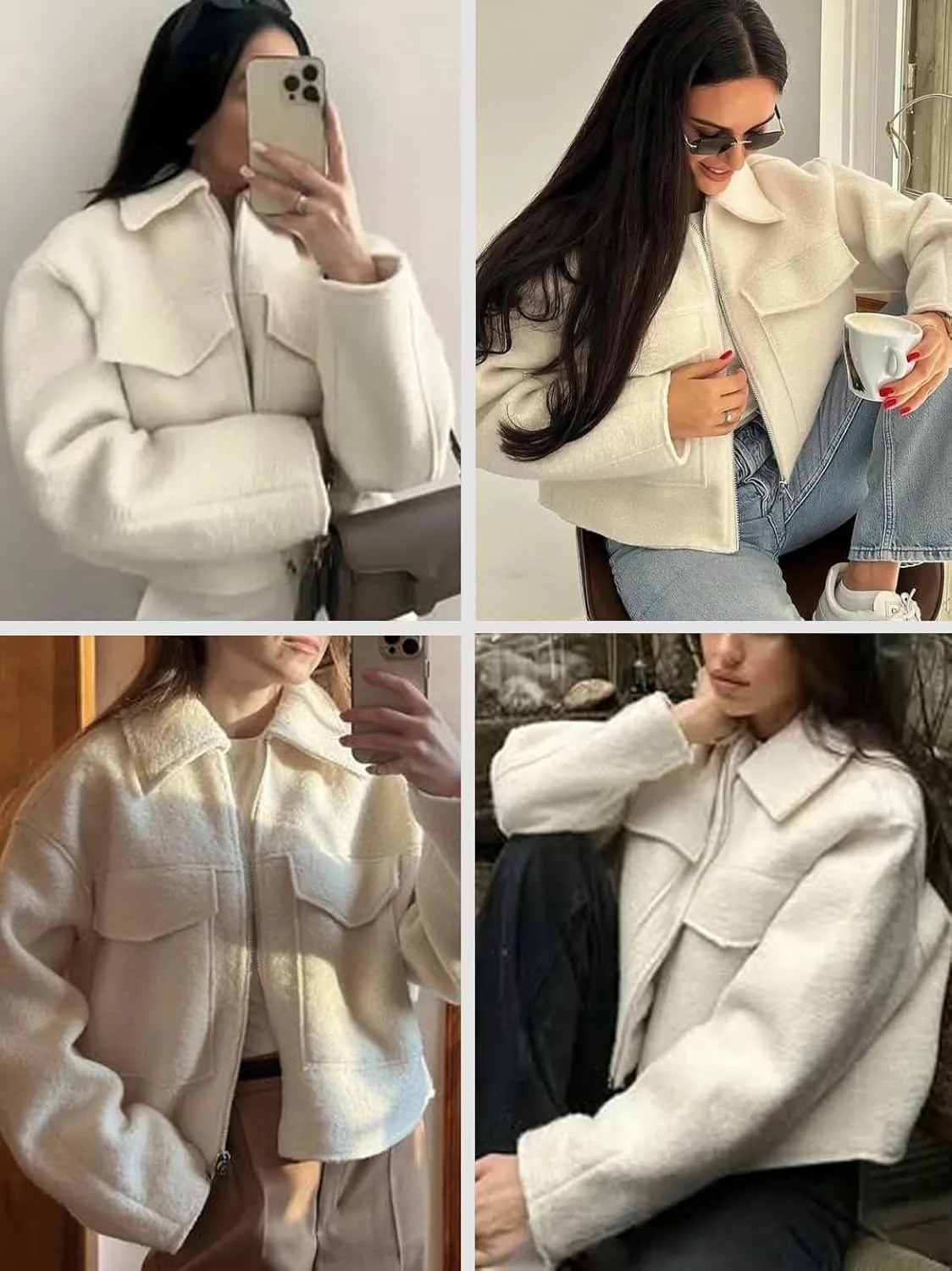 hathne Women's Wool Coat Casual Copped Bomber Jacket Zip Up Fall Shacket Coat Outerwear with Pockets