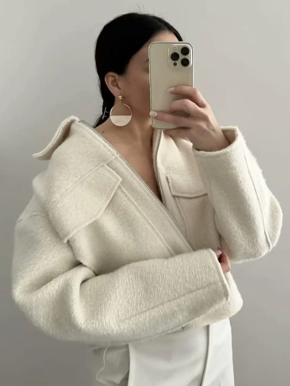 hathne Women's Wool Coat Casual Copped Bomber Jacket Zip Up Fall Shacket Coat Outerwear with Pockets