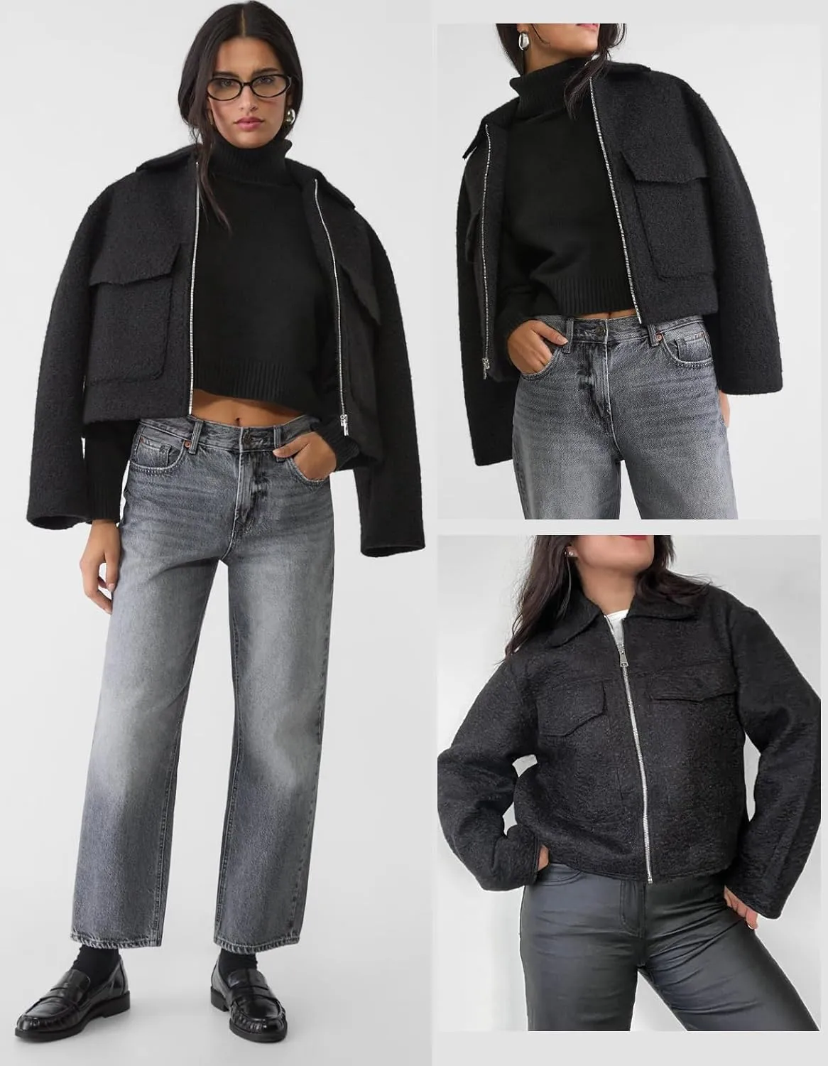 hathne Women's Wool Coat Casual Copped Bomber Jacket Zip Up Fall Shacket Coat Outerwear with Pockets