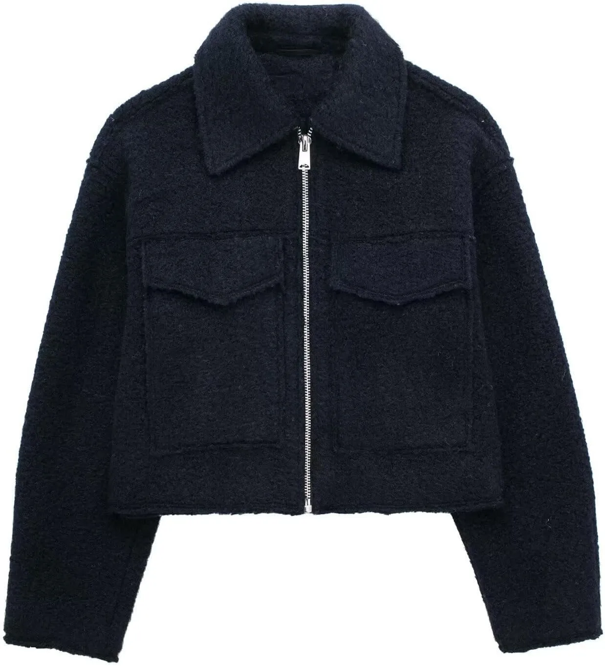 hathne Women's Wool Coat Casual Copped Bomber Jacket Zip Up Fall Shacket Coat Outerwear with Pockets