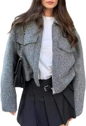 hathne Women's Wool Coat Casual Copped Bomber Jacket Zip Up Fall Shacket Coat Outerwear with Pockets