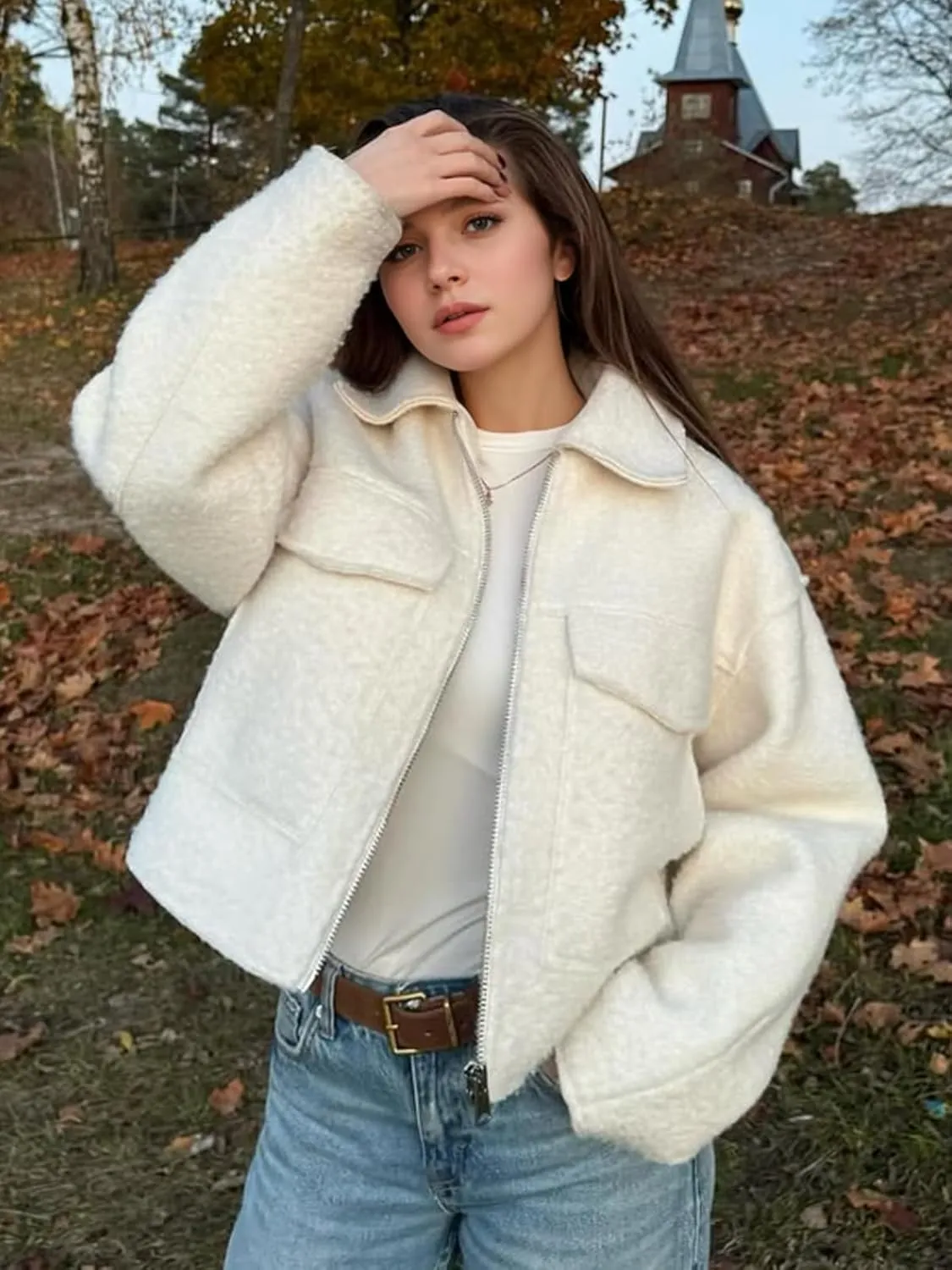 hathne Women's Wool Coat Casual Copped Bomber Jacket Zip Up Fall Shacket Coat Outerwear with Pockets