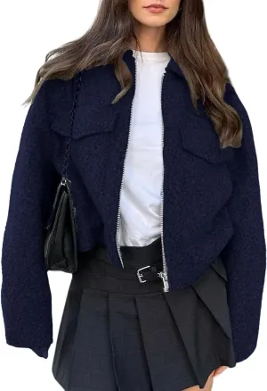 hathne Women's Wool Coat Casual Copped Bomber Jacket Zip Up Fall Shacket Coat Outerwear with Pockets