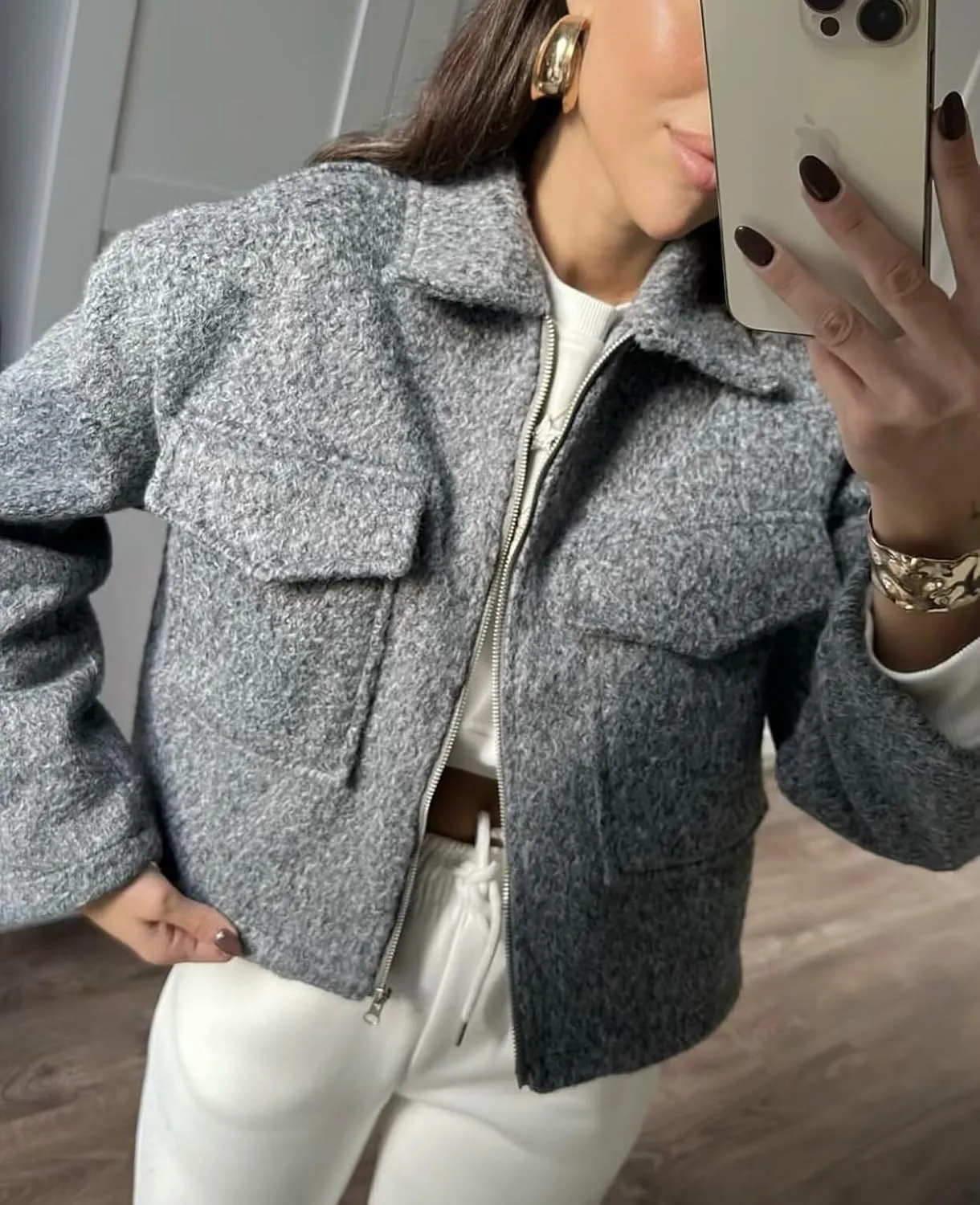 hathne Women's Wool Coat Casual Copped Bomber Jacket Zip Up Fall Shacket Coat Outerwear with Pockets