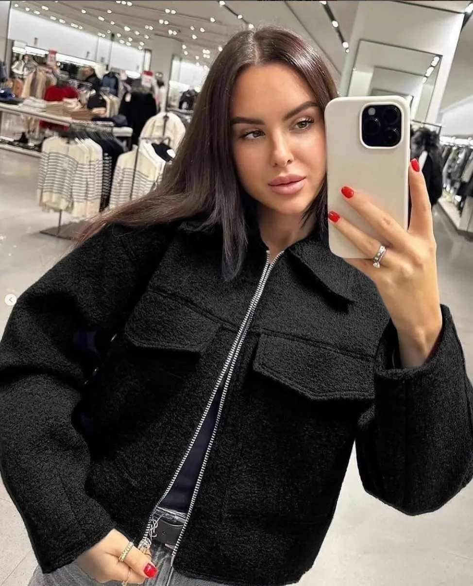 hathne Women's Wool Coat Casual Copped Bomber Jacket Zip Up Fall Shacket Coat Outerwear with Pockets